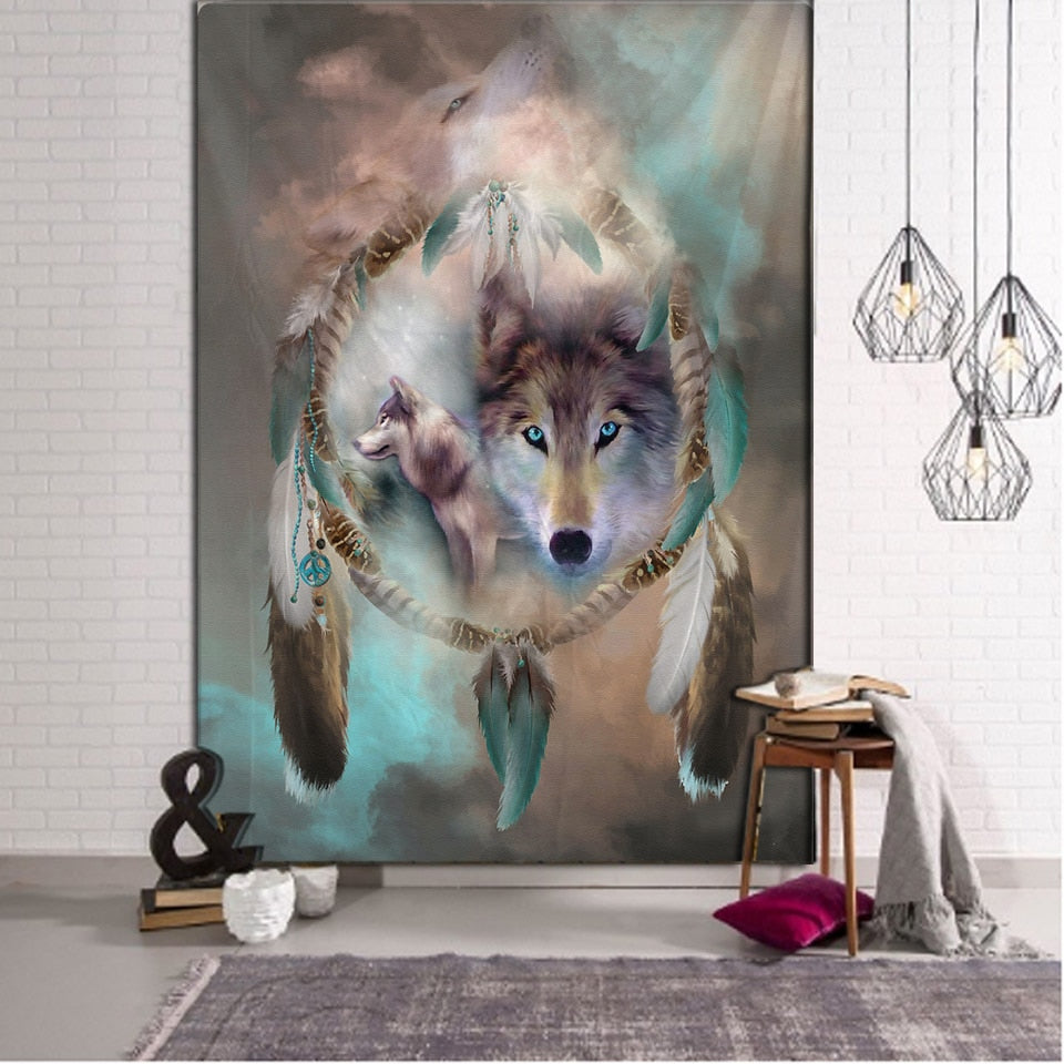 Running wolves Holy Animals Tapestry Decoration Wall Hanging Lion Wolf Tiger Pattern Background Wall Tapestry Home Textile - KiwisLove