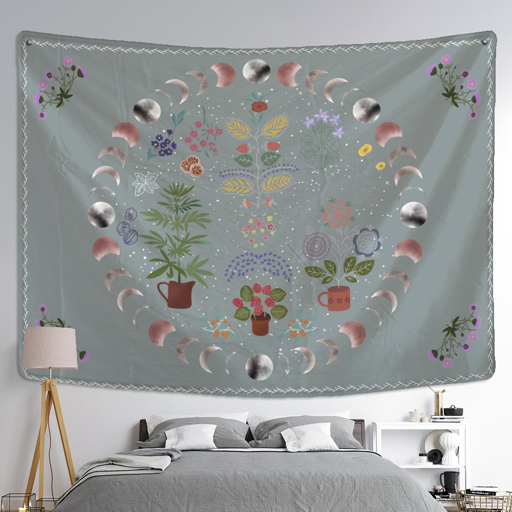 Moon Phase Tapestry Wall Hanging Plants Celestial Flowers Starry Sky Bohemian Witchcraft Hippie Home Decor - KiwisLove