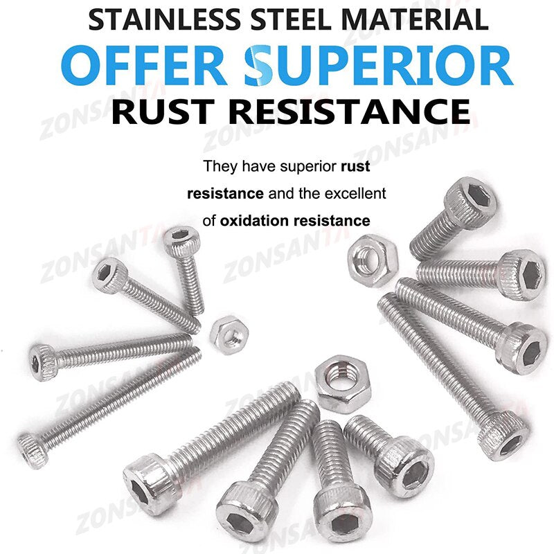 ZONSANTA 440Pcs Hexagon Hex Socket Head Cap Screw Set M3 M4 M5 304 Stainless Steel Machine Screw DIY Hex Socket Cap Bolt Nut Set - KiwisLove