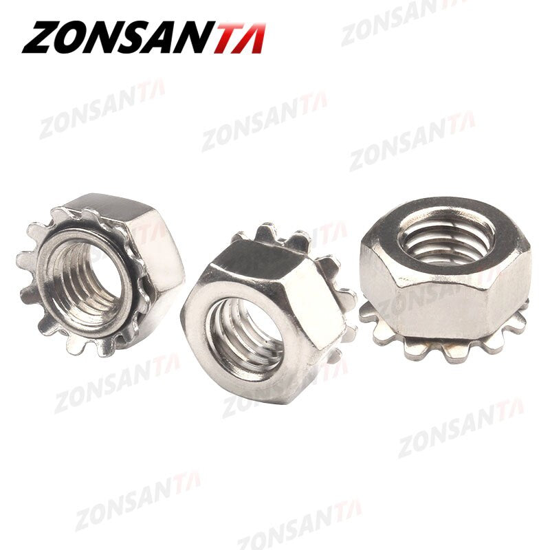 ZONSANTA K-Lock Nut M3 M4 M5 M6 M8 K-type Gear K Lock Nuts DIY 304 Stainless Steel Keps Nuts Toothed Polydentate Hex K Nut - KiwisLove