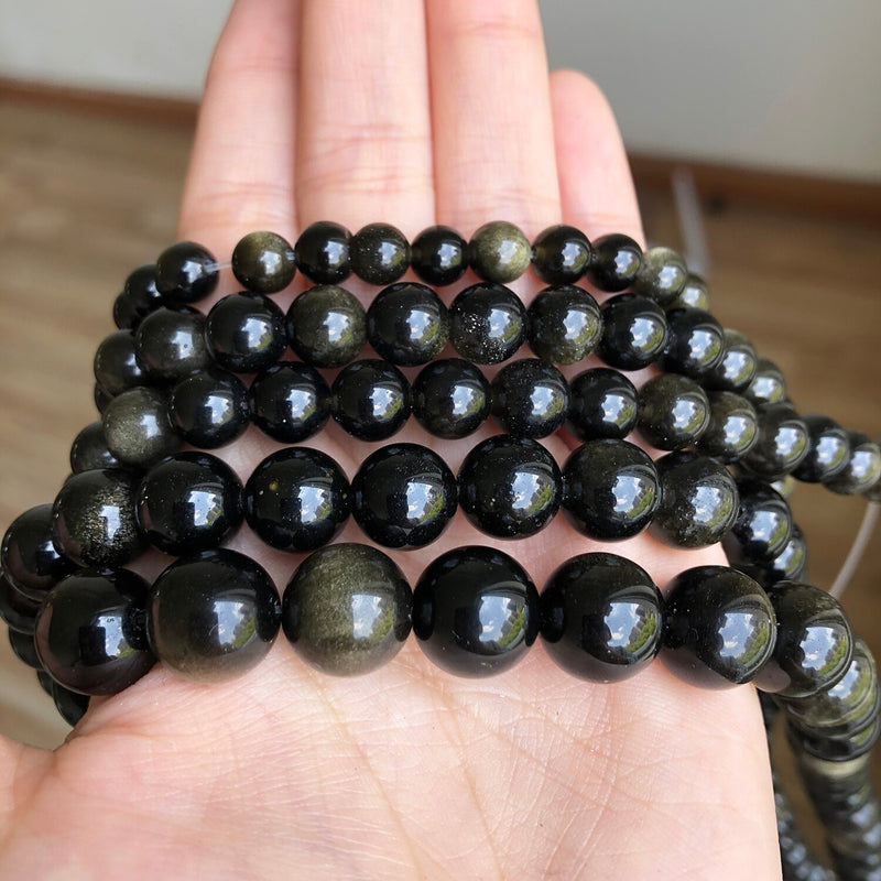 Natural Stone Gold Obsidian Veins Charm Round Loose Beads 6 8 10 12MM For Jewelry Making Fit DIY Bracelet Accessories 15&quot;Inches - KiwisLove