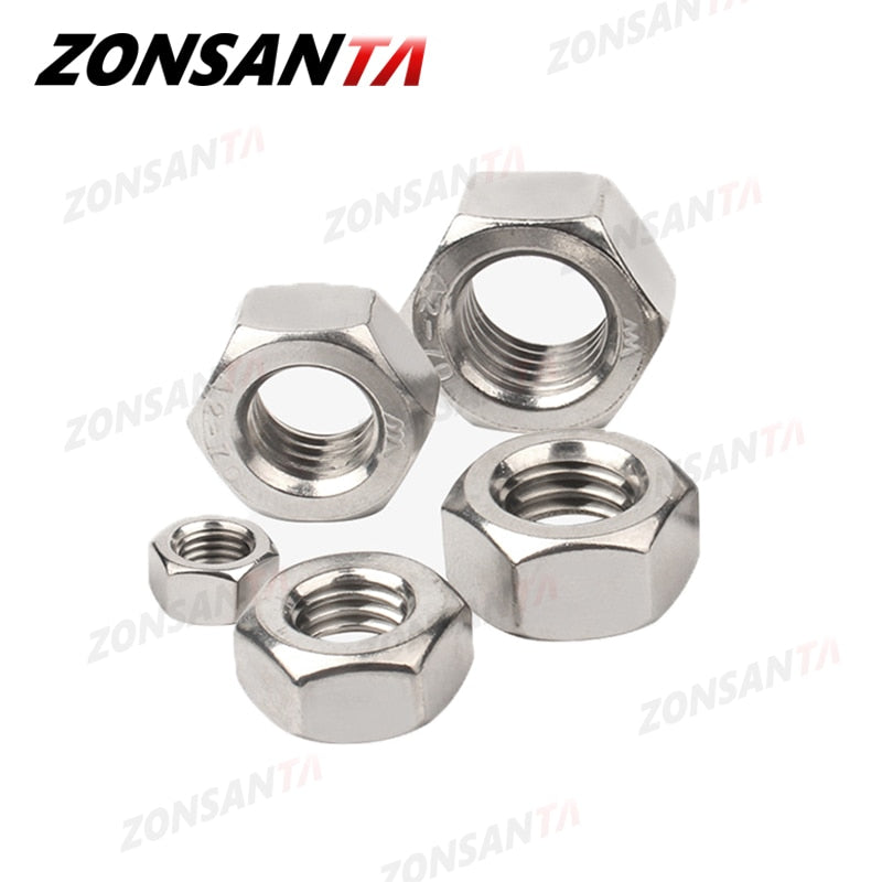 ZONSANTA Metric 304 Stainless Steel Hex Hexagon Nut DIN934 M1 M1.2 M1.4 M1.6 M2 M2.5 M3 M4 M5 M6 M8 M10 M12 M16 M20 Screw Nuts - KiwisLove