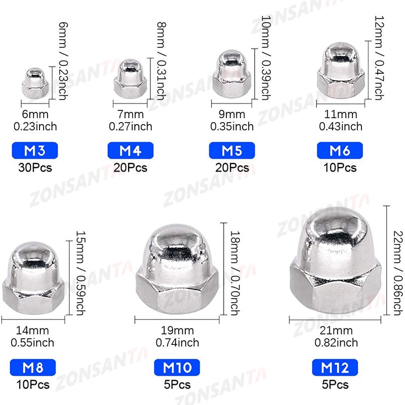 ZONSANTA Acorn Nut M3 M4 M5 M6 M8 M10 M12 Hex Cap Nuts 304 Stainless Steel Decorative Dome Cap Nuts Blind Nuts Assortment Kit - KiwisLove