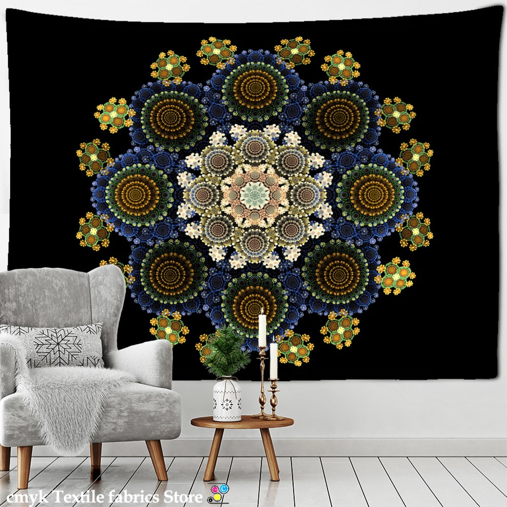 Mandala Pattern Tapestry Psychedelic Tai Chi Wall Hanging Dark Hippie Aesthetics Room Dormitory Living Home Decor - KiwisLove