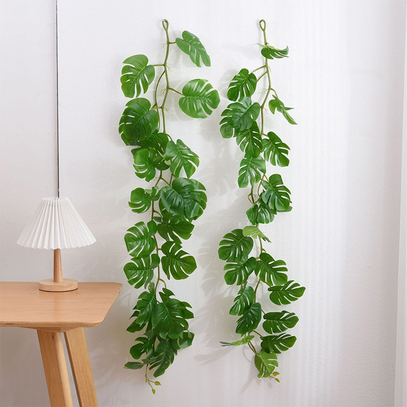 120cm Tropical Palm Leaves Artificial Plastic Plants Garland Wall Hanging Big Monstera for Home Garden Living Room Ceiling Decor - KiwisLove