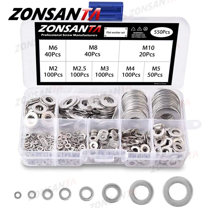 550/730pcs Flat Washer Set Stainless Steel Sealing Solid Ring Plain Gasket Kit M2 M2.5 M3 M4 M5 M6 M8 M10 M12 Assortment Kit - KiwisLove