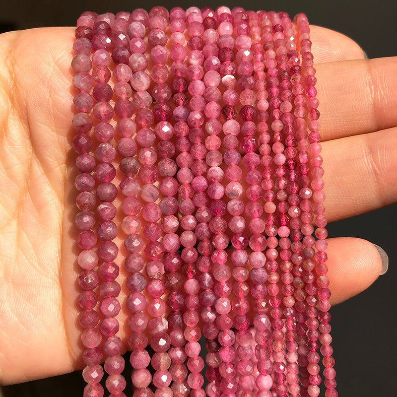 Natural Gem Stone Beads Faceted Fuschia Tourmaline Loose Spacer Beads for Jewelry Making DIY Bracelet Accessories 15&#39;&#39; 2 3 4mm