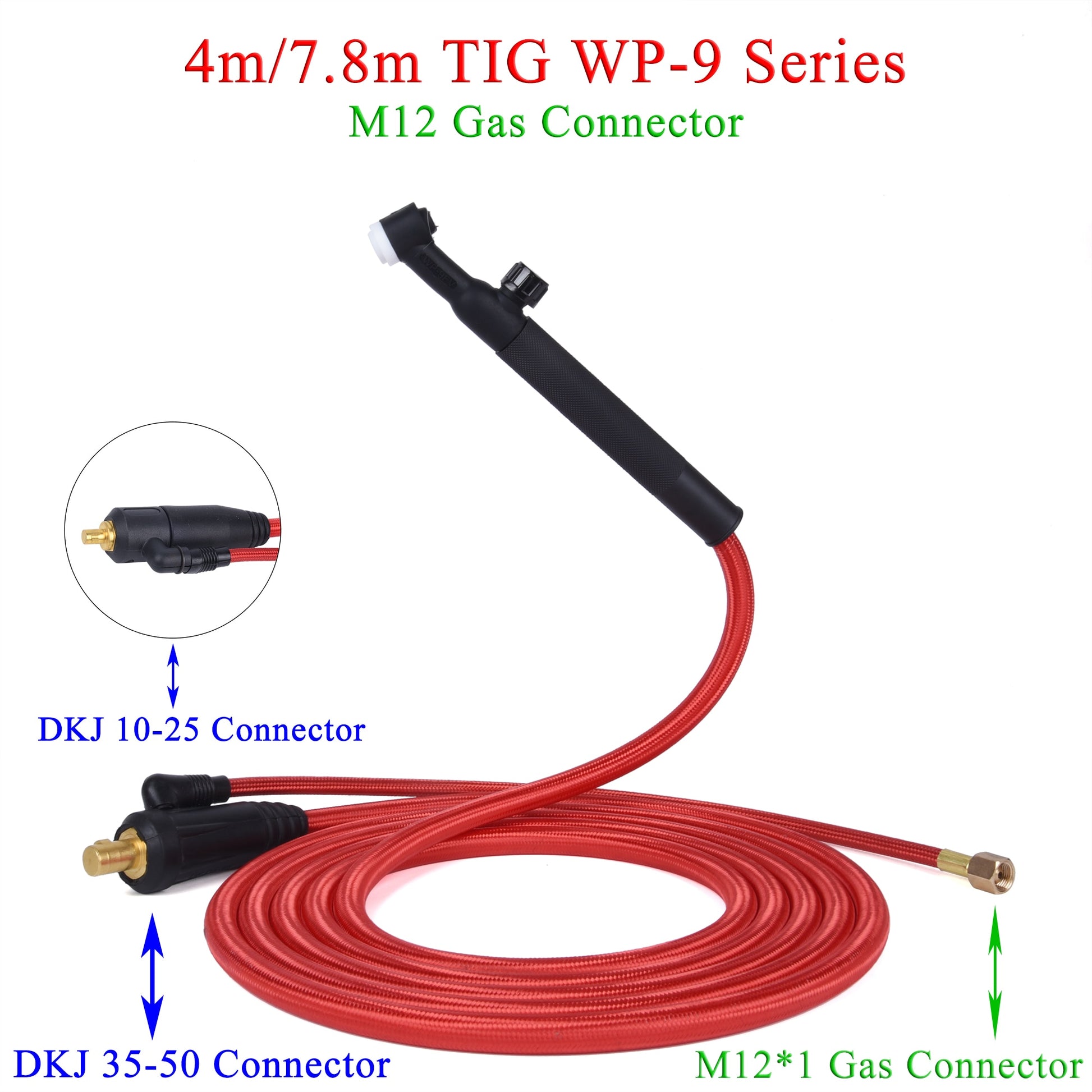4M/13ft 7.8M/25.6ft WP9F 9FV TIG Welding Torch Soft Hose Cable Wires M12*1mm Gas Connector DKJ 10-25 35-50 Power Connector - KiwisLove