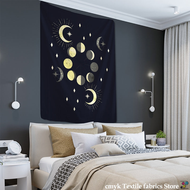 Vintage Moon Phase Tapestry Wall Hanging Moonlight Green Olive Leaf Bohemian Style Hippie Dormitory Home Decor - KiwisLove