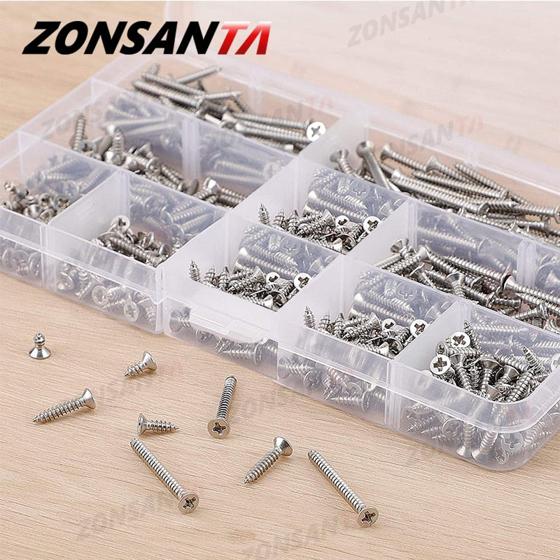 ZONSANTA 500Pcs M3 Tapping Cross Flat Head Self Screw  Assortment Kit Wood Thread Nail Screw Sets Countersunk Head Fiber Screws - KiwisLove