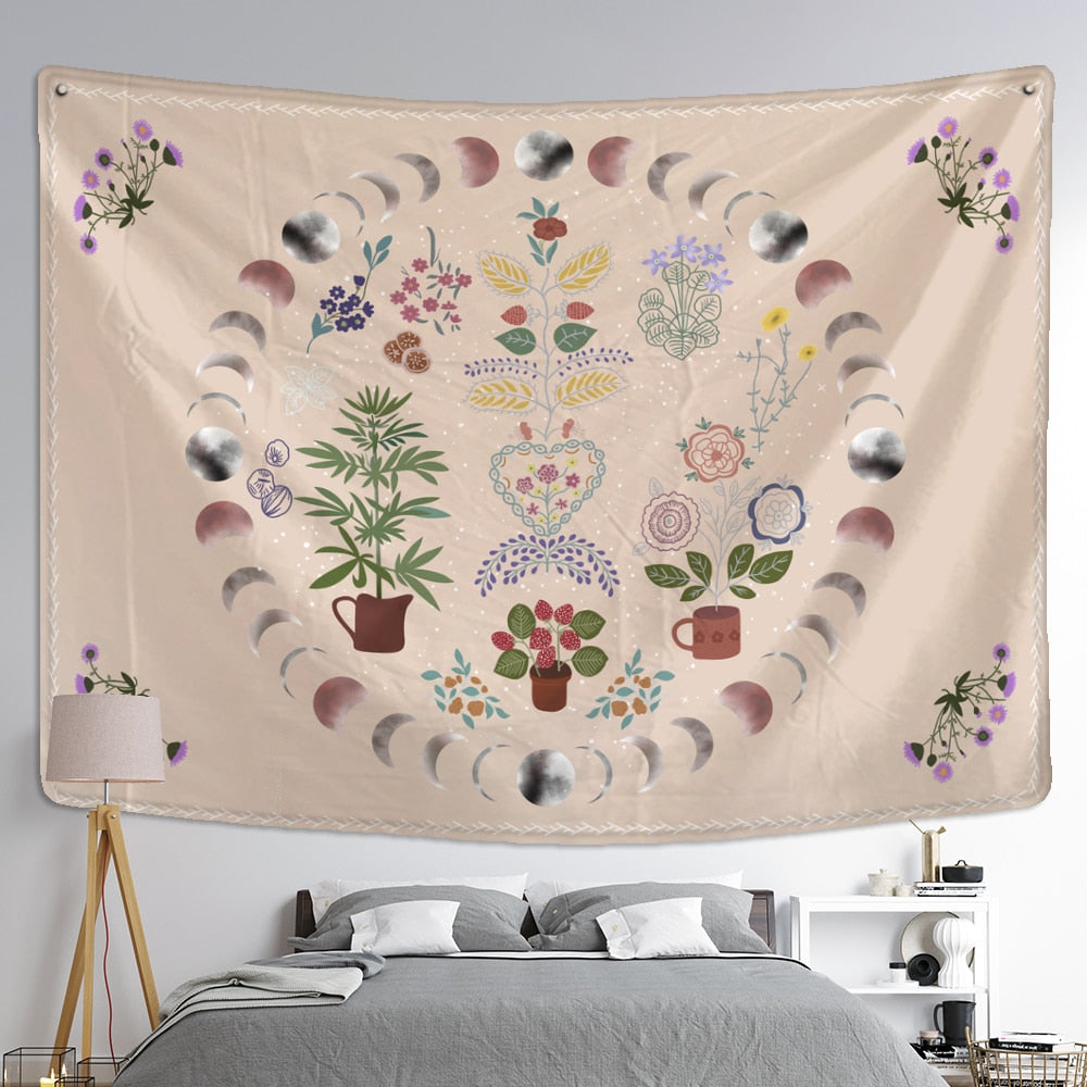 Moon Phase Tapestry Wall Hanging Plants Celestial Flowers Starry Sky Bohemian Witchcraft Hippie Home Decor - KiwisLove