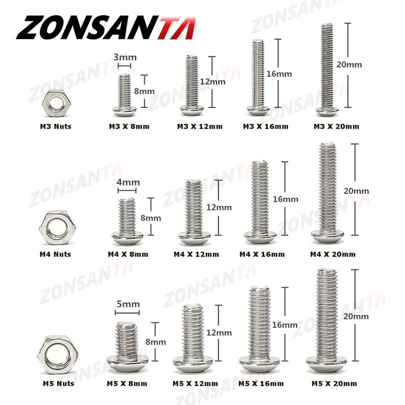 ZONSANTA 440pcs Bolts and Nuts Set M3 M4 M5 Stainless Steel Hex Socket Button Head Cap Screws Bolts Nuts Assortment Kit Screw - KiwisLove