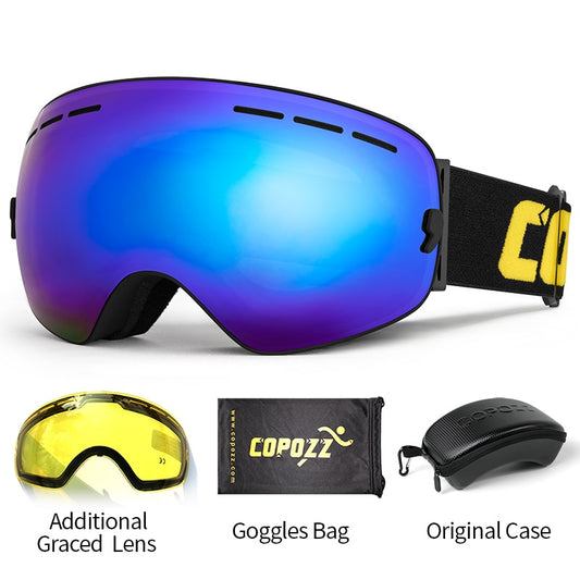 COPOZZ Ski Goggles with Case &amp; Yellow Lens UV400 Anti-fog Spherical Ski Glasses Skiing Men Women Snow Goggles + Lens + Box Set - KiwisLove