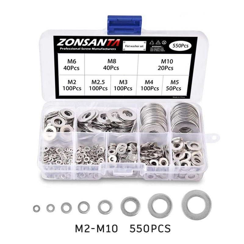 550/730pcs Flat Washer Set Stainless Steel Sealing Solid Ring Plain Gasket Kit M2 M2.5 M3 M4 M5 M6 M8 M10 M12 Assortment Kit - KiwisLove