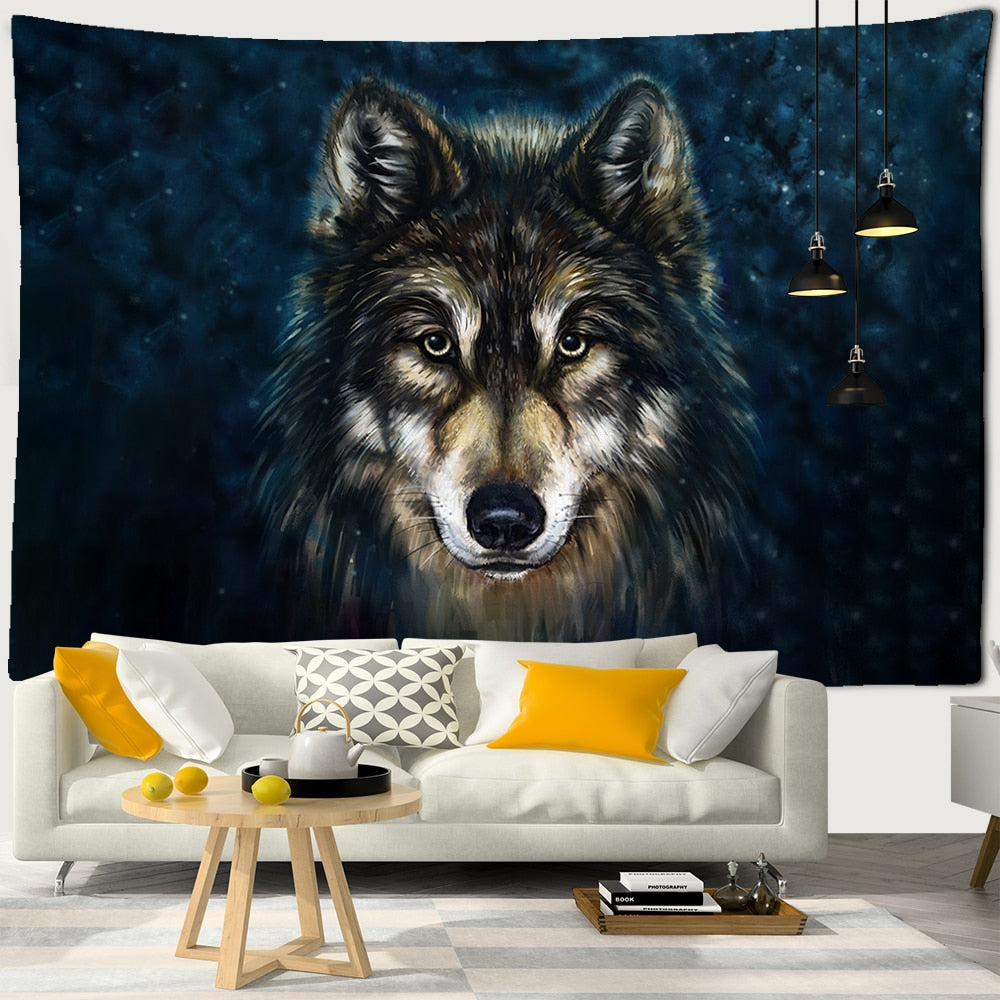 Wolf&#39;s Gaze Holy Animals Tapestry Tribal Animal Decoration Wall Hanging Wall Tapestry Home Decor Textile - KiwisLove