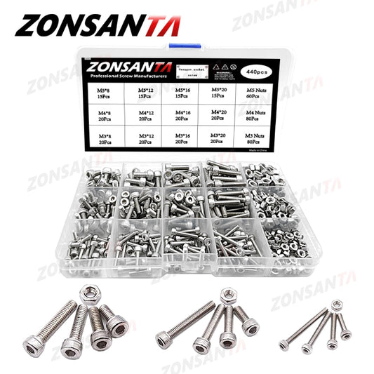 ZONSANTA 440Pcs M3 M4 M5 Bolt and Nuts Hex Hexagon Socket Screw Set Stainless Steel Round Flat Cap Head Screw Kit Allen bolt Set - KiwisLove