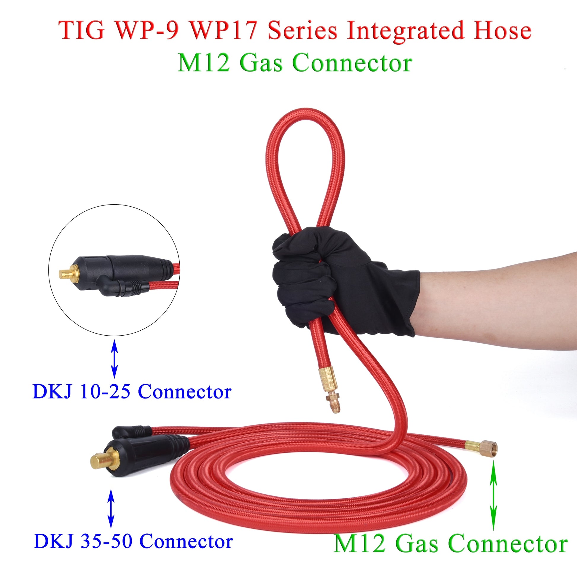 3.8/7.6m WP9 WP17 TIG Welding Torch Gas-Electric Integrated Red Soft Hose Cable Wires M12 DKJ 10-25 35-50 Euro Connector - KiwisLove