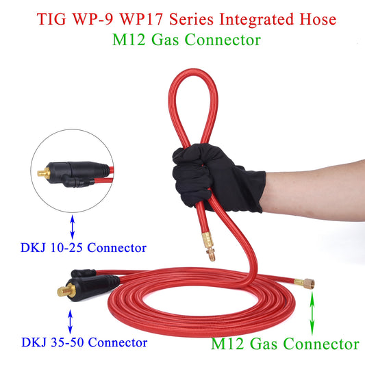3.8/7.6m WP9 WP17 TIG Welding Torch Gas-Electric Integrated Red Soft Hose Cable Wires M12 DKJ 10-25 35-50 Euro Connector - KiwisLove