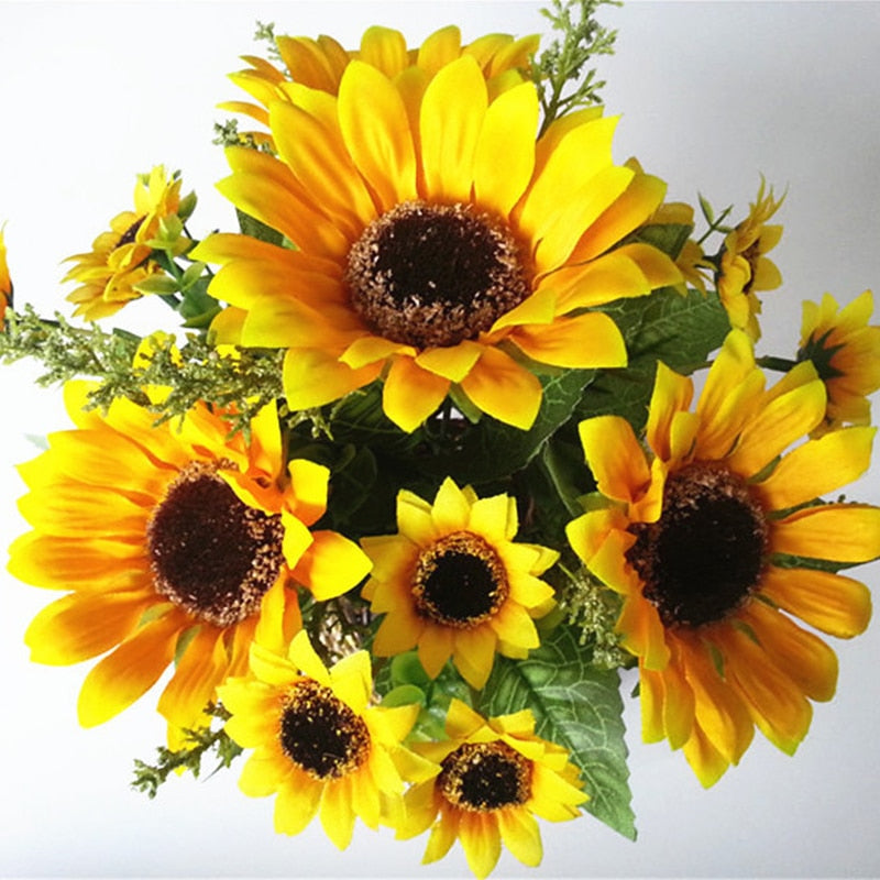 13 Heads Yellow Silk Sunflower Artificial Flowers 7 Branch/Bouquet for Home Office Party Garden Hotel Wedding Decoration A5230 - KiwisLove