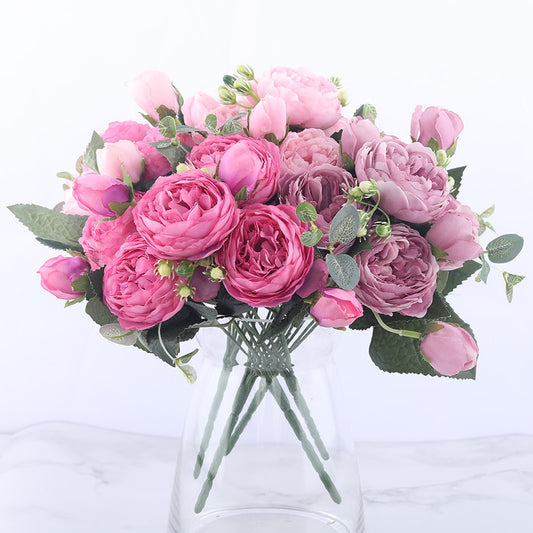 30cm Rose Pink Silk Peony Artificial Flowers Bouquet 5 Big Head and 4 Bud Cheap Fake Flowers for Home Wedding Decoration indoor - KiwisLove