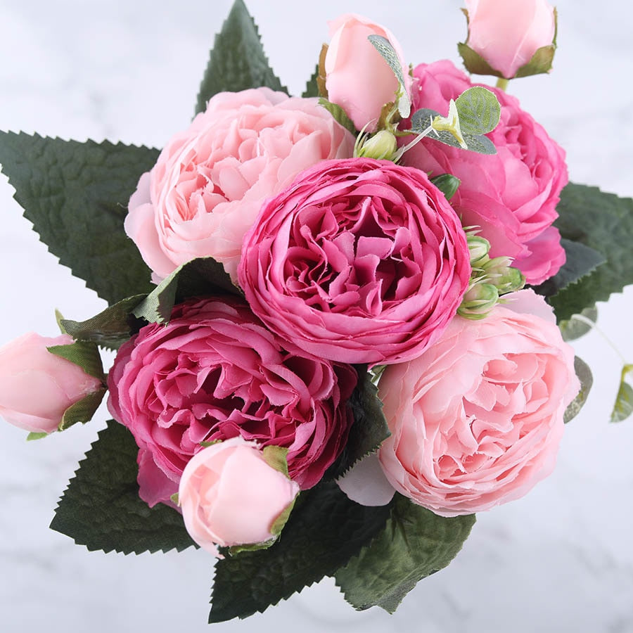 30cm Rose Pink Silk Peony Artificial Flowers Bouquet 5 Big Head and 4 Bud Cheap Fake Flowers for Home Wedding Decoration indoor - KiwisLove