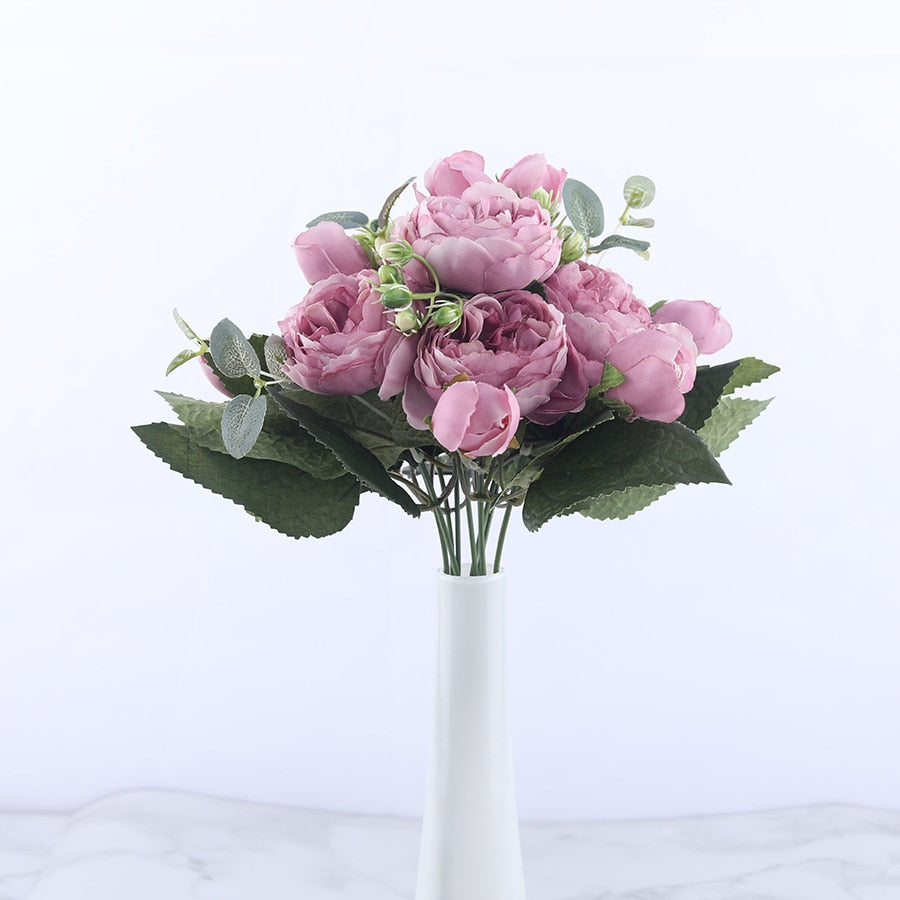 30cm Rose Pink Silk Peony Artificial Flowers Bouquet 5 Big Head and 4 Bud Cheap Fake Flowers for Home Wedding Decoration indoor - KiwisLove