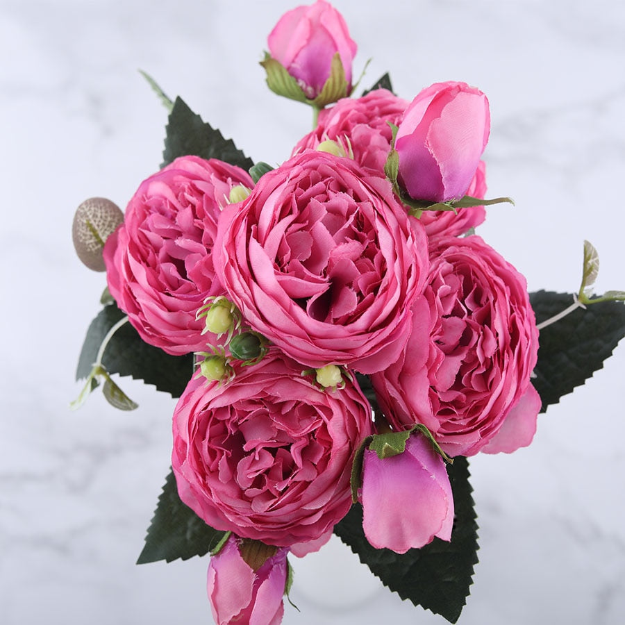 30cm Rose Pink Silk Peony Artificial Flowers Bouquet 5 Big Head and 4 Bud Cheap Fake Flowers for Home Wedding Decoration indoor - KiwisLove