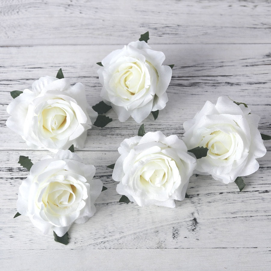 5pcs artificial roses white silk fake roses flower faux heads high quality DIY wedding home decoration scrapbook accessories - KiwisLove