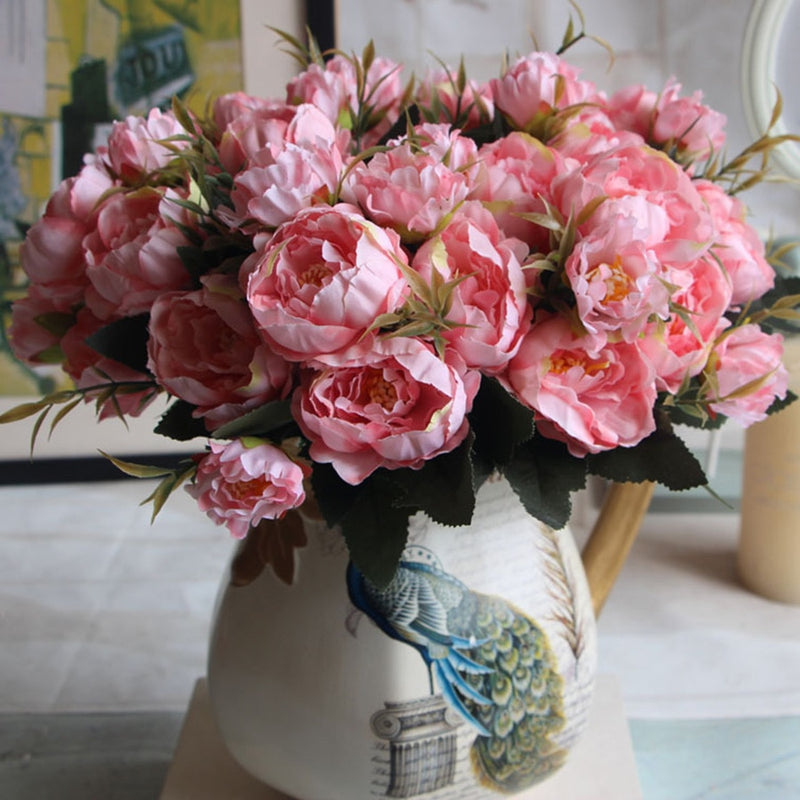 Shabby chic Bouquet European Pretty Bride Wedding Small Peony Silk Flowers Cheap Mini Fake Flowers for Home Decoration Indoor - KiwisLove