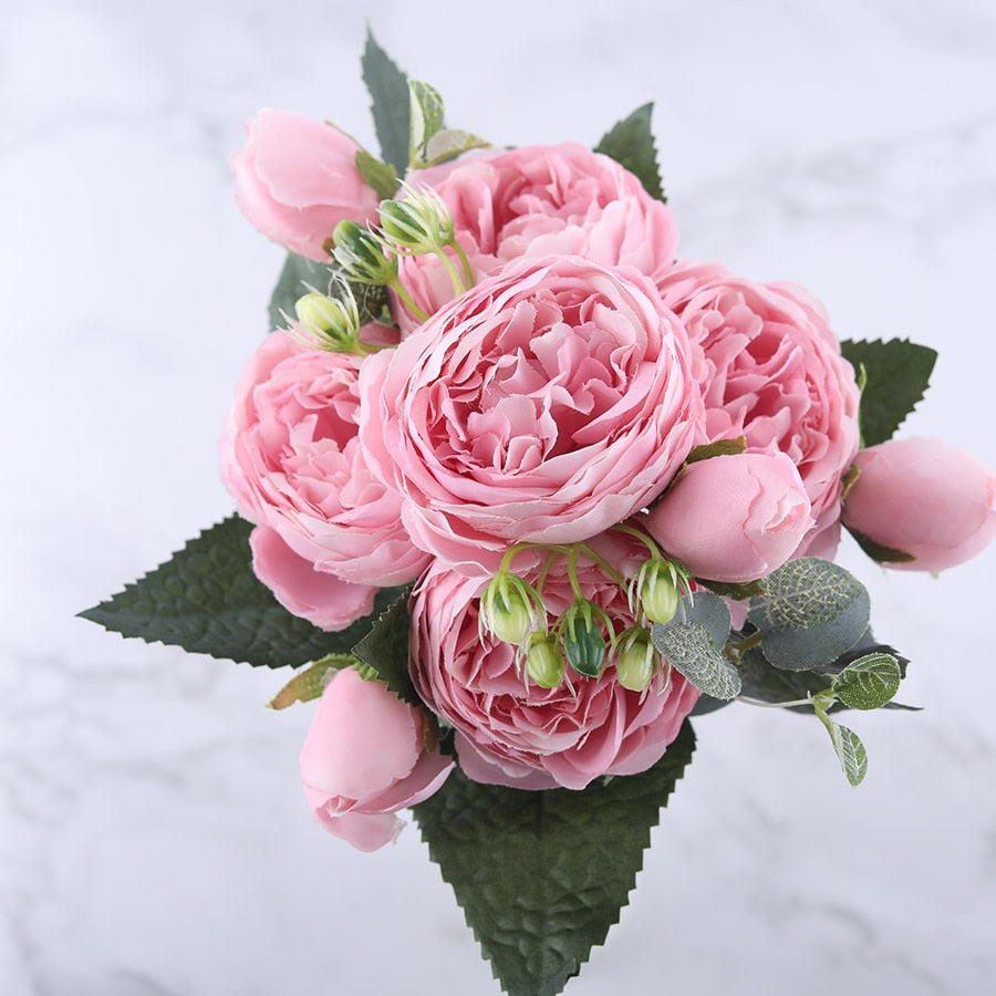30cm Rose Pink Silk Peony Artificial Flowers Bouquet 5 Big Head and 4 Bud Cheap Fake Flowers for Home Wedding Decoration indoor - KiwisLove