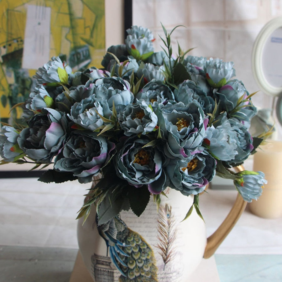 Shabby chic Bouquet European Pretty Bride Wedding Small Peony Silk Flowers Cheap Mini Fake Flowers for Home Decoration Indoor - KiwisLove