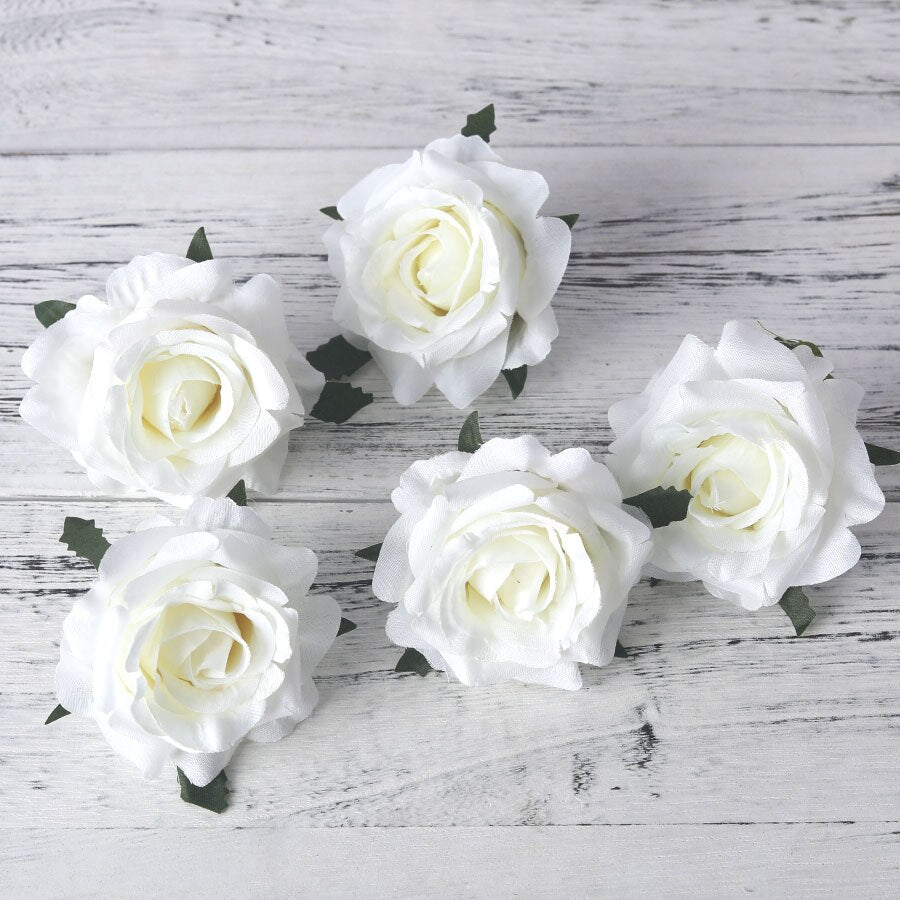 5pcs artificial roses white silk fake roses flower faux heads high quality DIY wedding home decoration scrapbook accessories - KiwisLove
