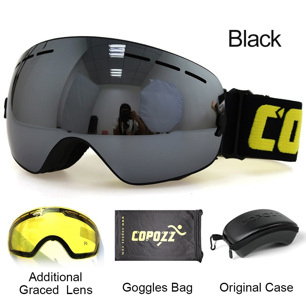 COPOZZ Ski Goggles with Case &amp; Yellow Lens UV400 Anti-fog Spherical Ski Glasses Skiing Men Women Snow Goggles + Lens + Box Set - KiwisLove