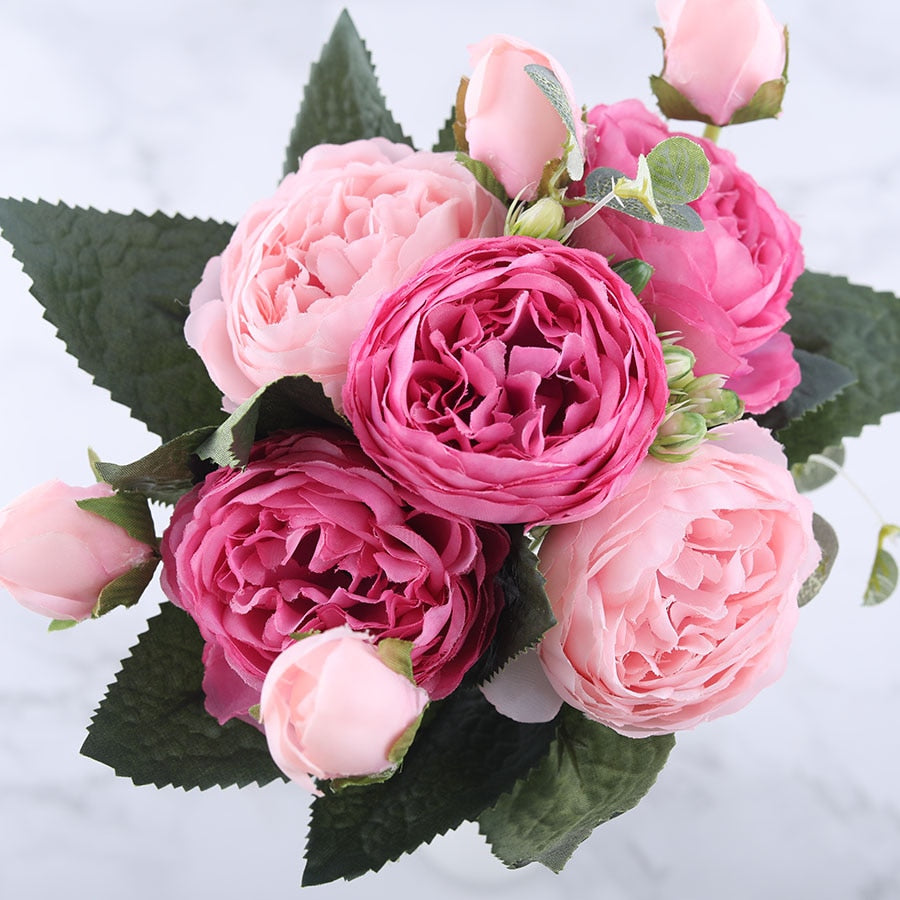 30cm Rose Pink Silk Peony Artificial Flowers Bouquet 5 Big Head and 4 Bud Cheap Fake Flowers for Home Wedding Decoration indoor - KiwisLove