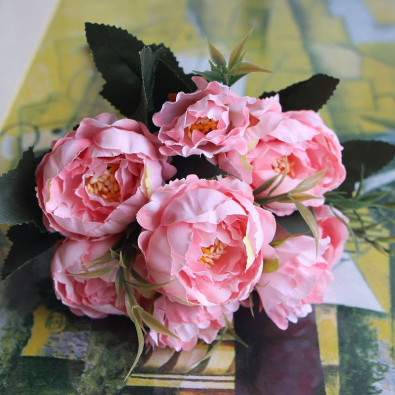 Shabby chic Bouquet European Pretty Bride Wedding Small Peony Silk Flowers Cheap Mini Fake Flowers for Home Decoration Indoor - KiwisLove