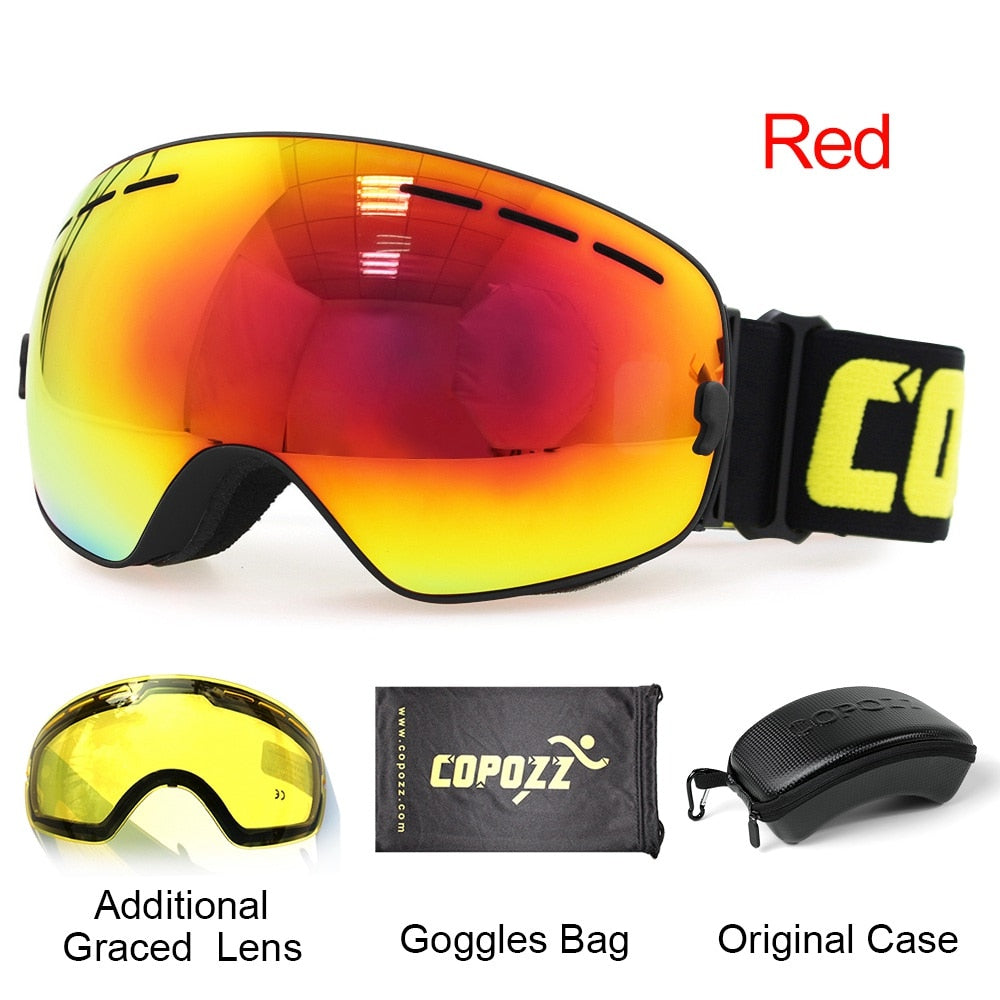 COPOZZ Ski Goggles with Case &amp; Yellow Lens UV400 Anti-fog Spherical Ski Glasses Skiing Men Women Snow Goggles + Lens + Box Set - KiwisLove