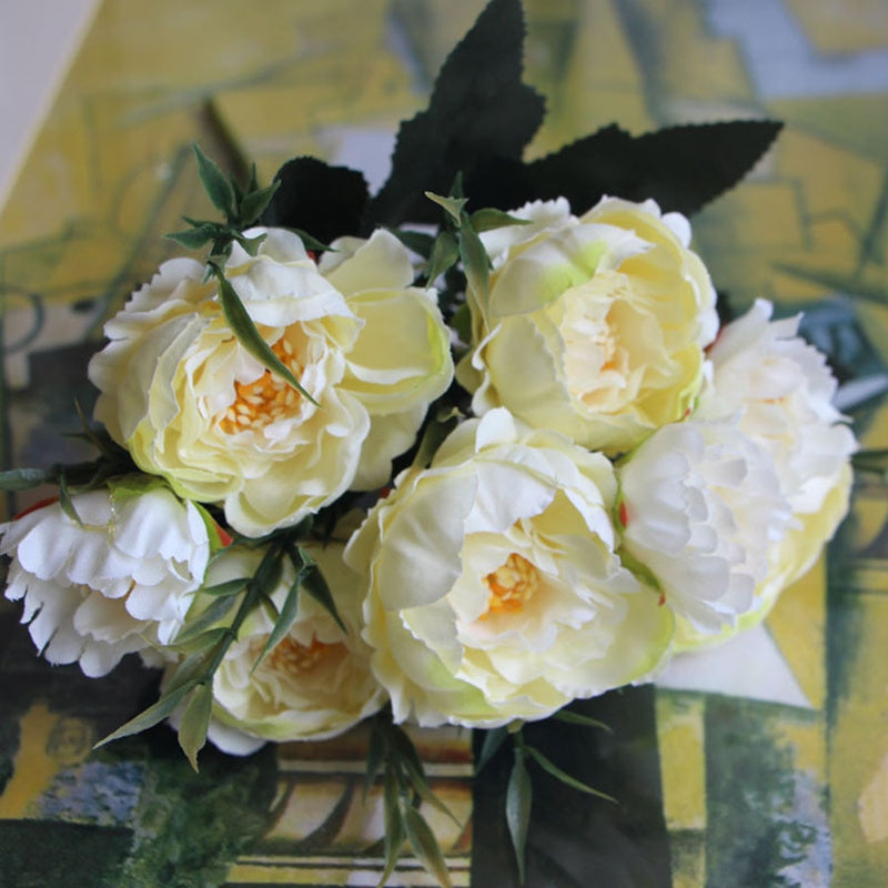 Shabby chic Bouquet European Pretty Bride Wedding Small Peony Silk Flowers Cheap Mini Fake Flowers for Home Decoration Indoor - KiwisLove