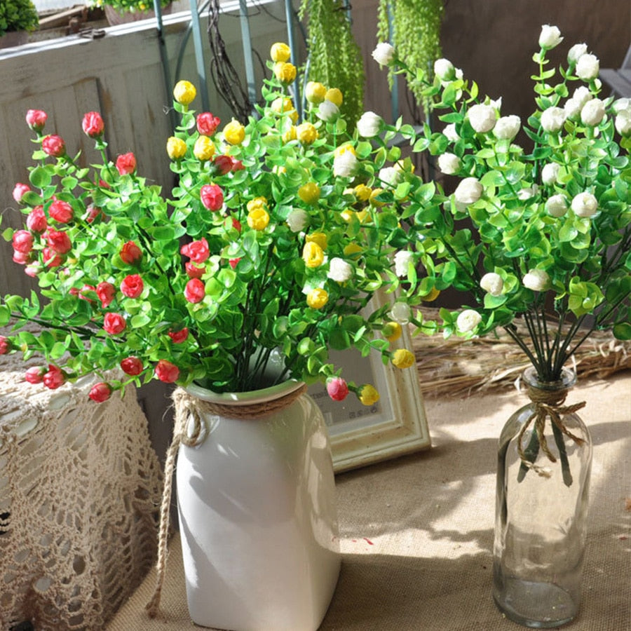 Mini silk artificial rose flowers fake plastic leaves faux bushes 30 heads outdoor garden decoration white fence wall decor - KiwisLove