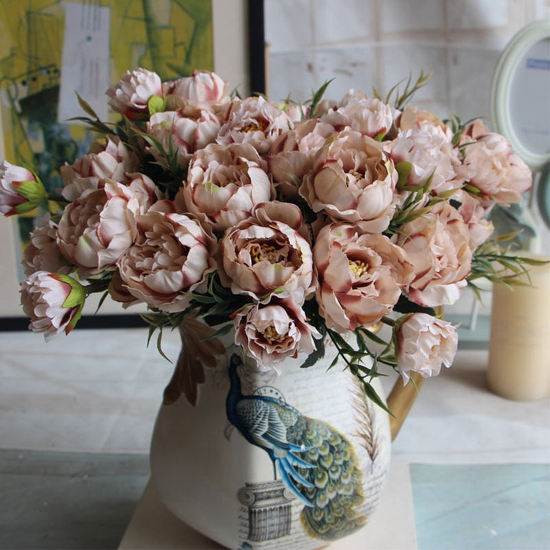 Shabby chic Bouquet European Pretty Bride Wedding Small Peony Silk Flowers Cheap Mini Fake Flowers for Home Decoration Indoor - KiwisLove