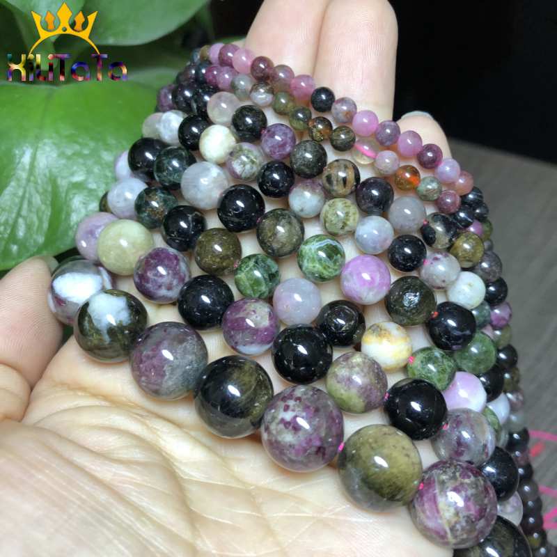 Natural AB Colorful Tourmaline Beads Round Loose Stone Beads For DIY Making Bracelet Necklace Jewelry 15Inches 4/6/8/10/12mm - KiwisLove