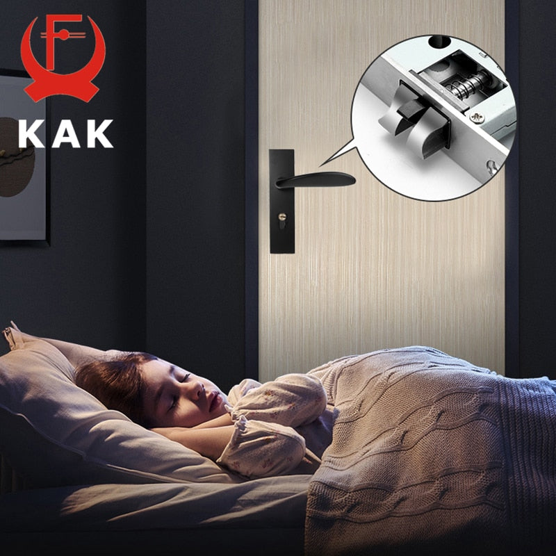 KAK Mute Black Door Lock Aluminium Alloy Interior Door Lock Handle Modern Anti-theft Room Wood Door Lock Furniture Door Hardware - KiwisLove