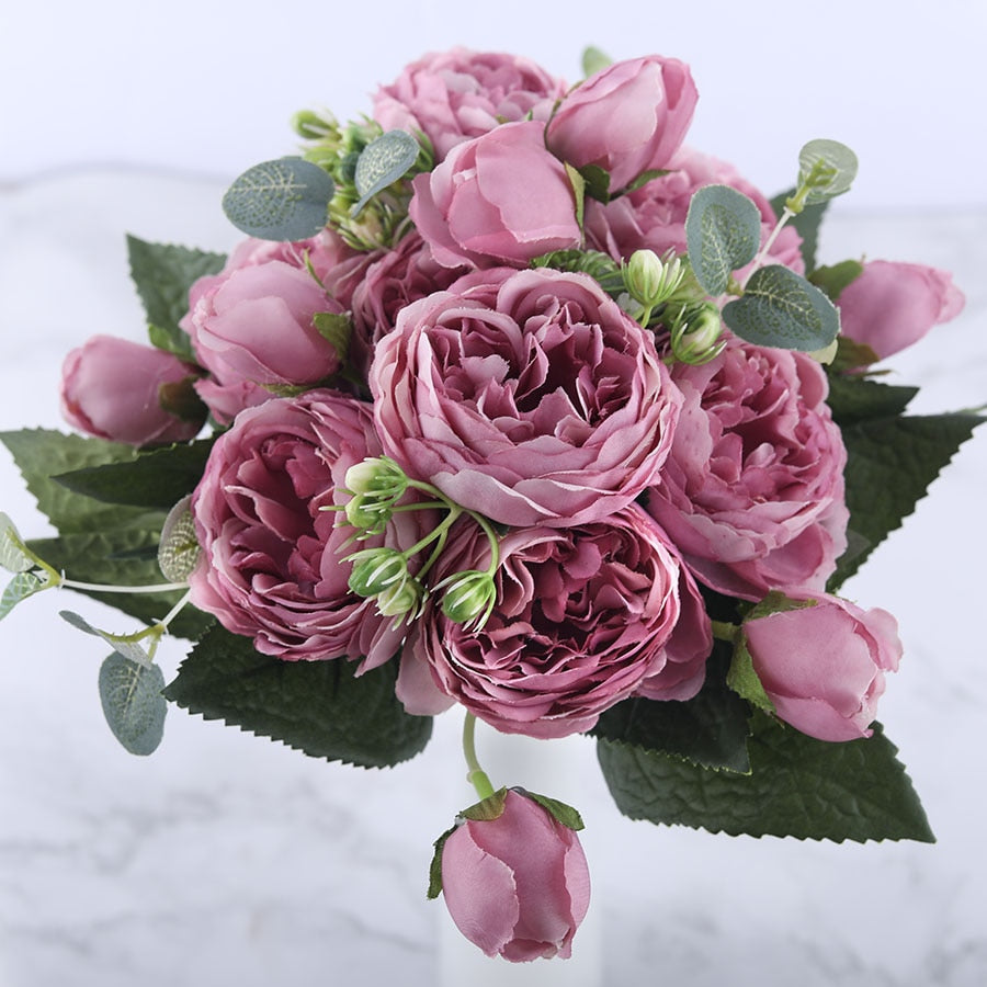 30cm Rose Pink Silk Peony Artificial Flowers Bouquet 5 Big Head and 4 Bud Cheap Fake Flowers for Home Wedding Decoration indoor - KiwisLove