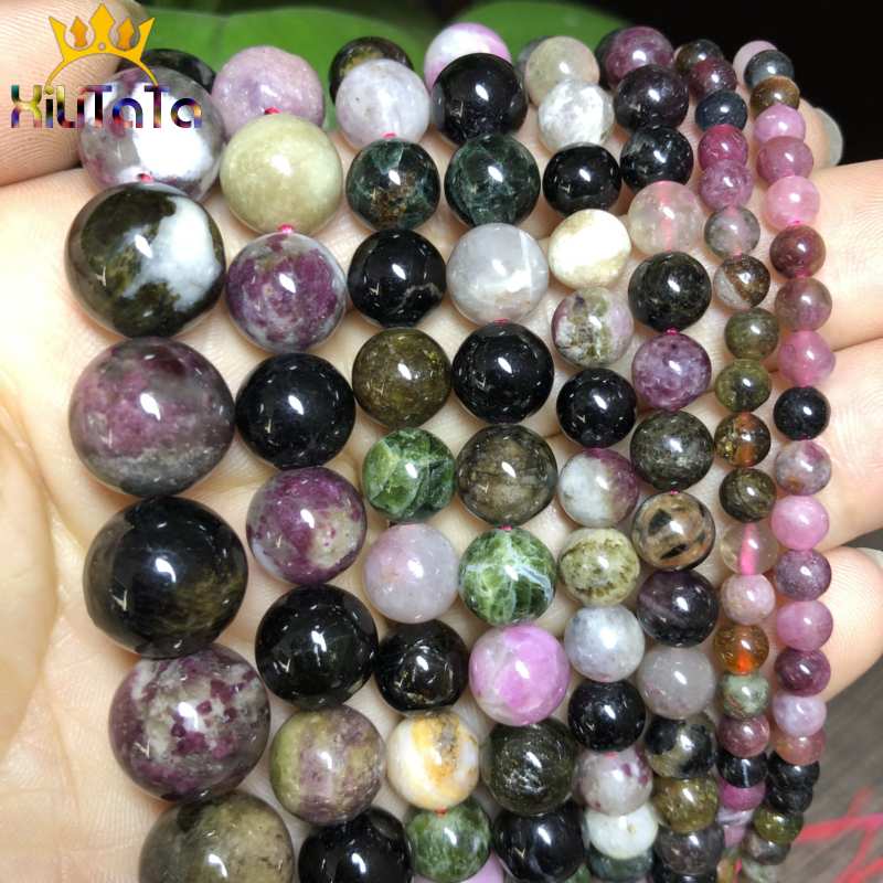 Natural AB Colorful Tourmaline Beads Round Loose Stone Beads For DIY Making Bracelet Necklace Jewelry 15Inches 4/6/8/10/12mm - KiwisLove