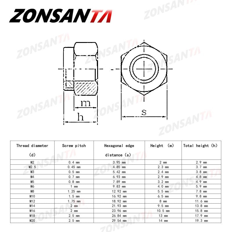 ZONSANTA Nylon Locknut 304 Stainless Steel Hex Hexagon Lock Nut DIN985 M2 M2.5 M3 M4 M5 M6 M8 M10 M12 M14 M16 M20 Non slip nuts - KiwisLove