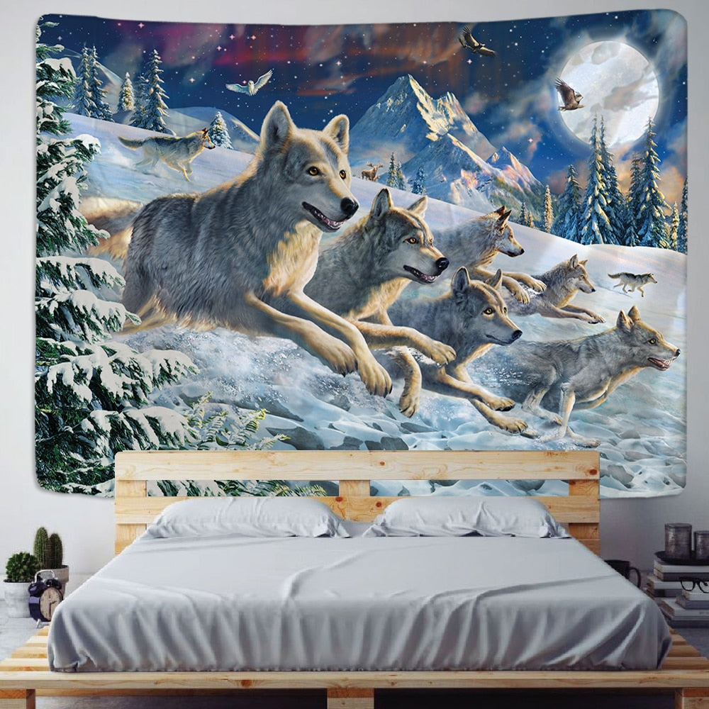 Running wolves Holy Animals Tapestry Decoration Wall Hanging Lion Wolf Tiger Pattern Background Wall Tapestry Home Textile - KiwisLove