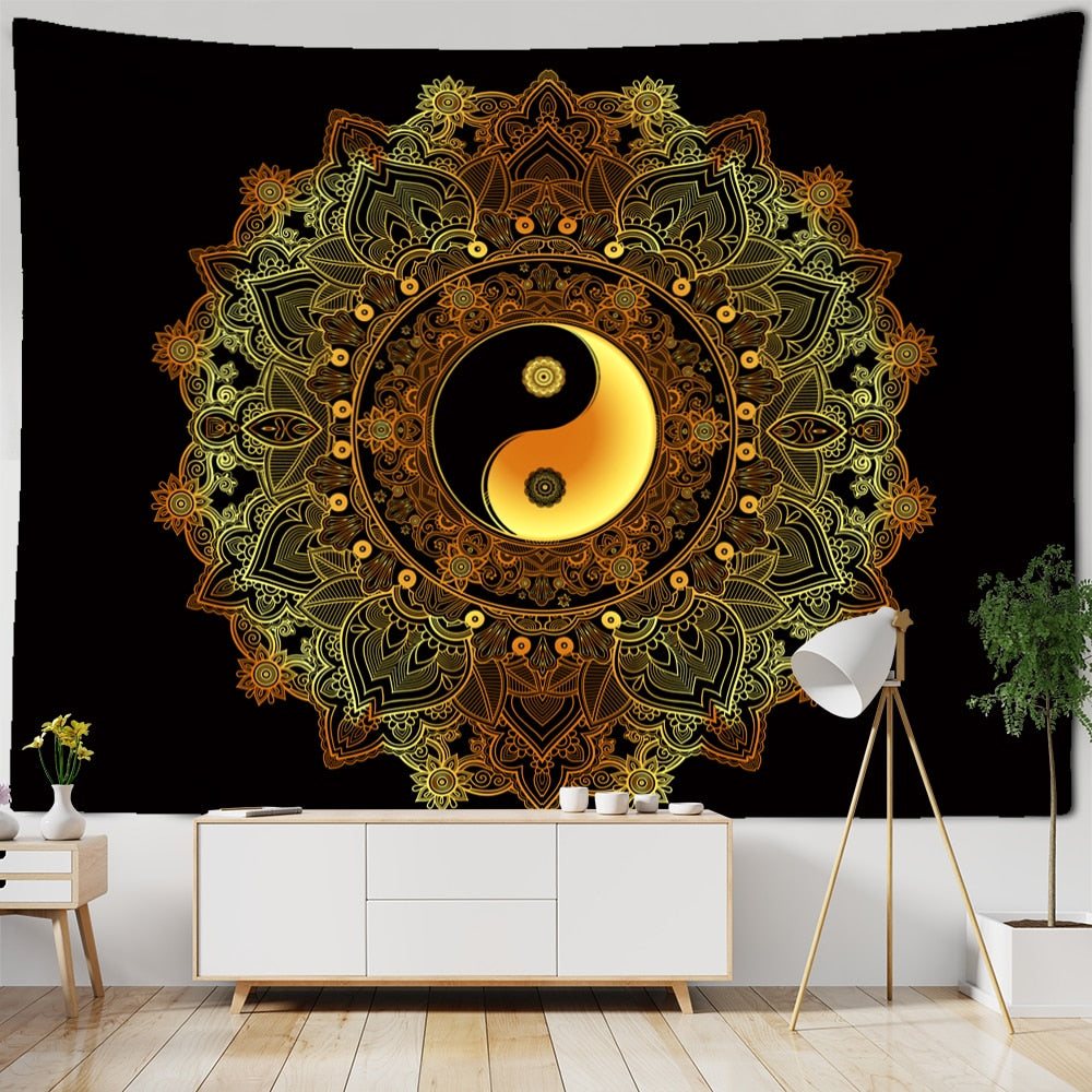 Mandala Pattern Tapestry Psychedelic Tai Chi Wall Hanging Dark Hippie Aesthetics Room Dormitory Living Home Decor - KiwisLove