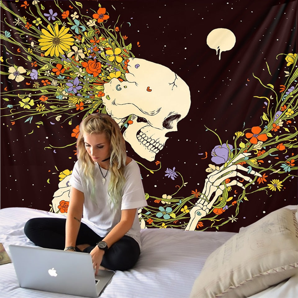 Nordic Style Skull Astronaut Tapestry Flowers Rainbow Moon Starry Sky Mandala Carpet Black Skull Witchcraft Wall Hanging Blanket - KiwisLove