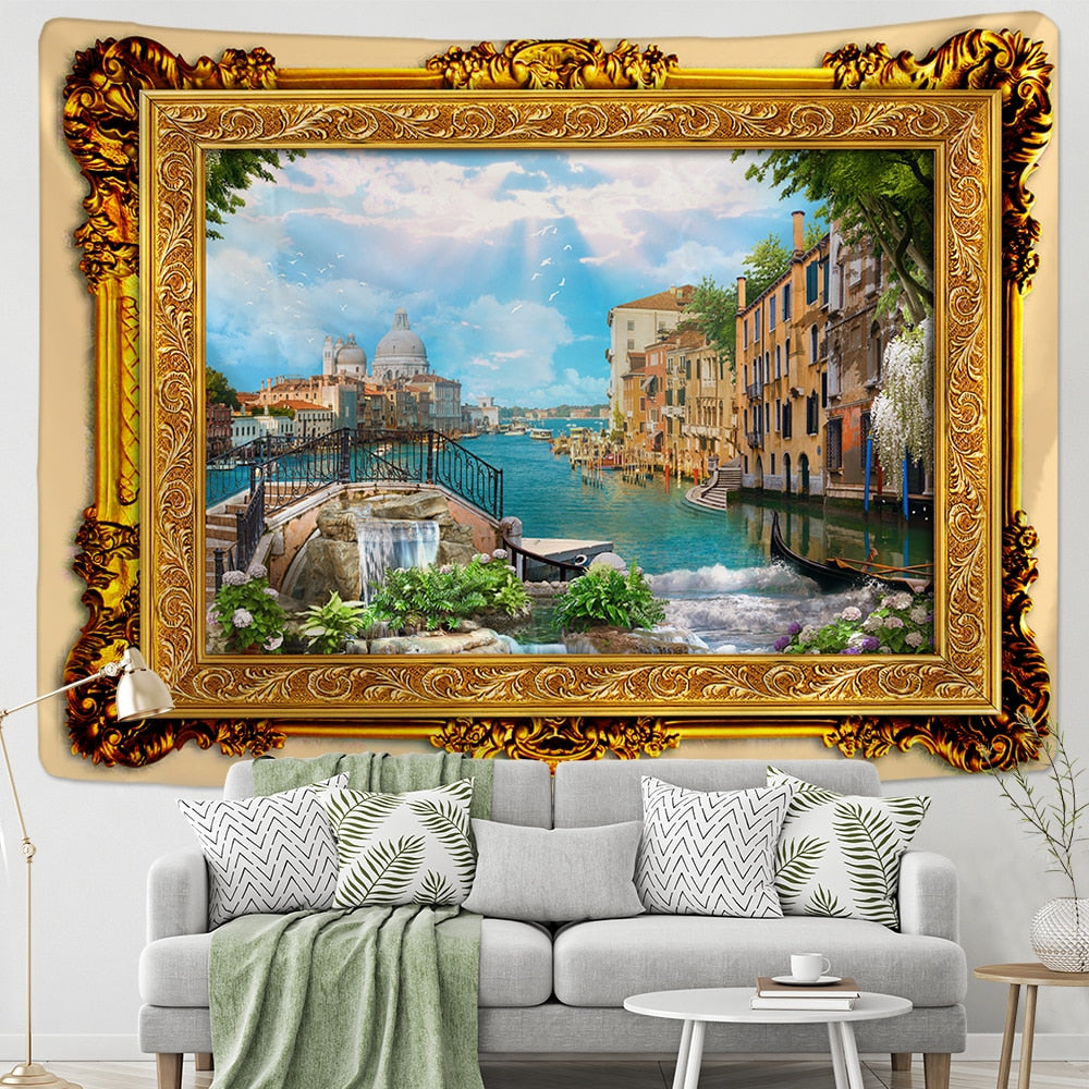 Fake Frame Tapestry Wall Hanging River Sky Clouds Bohemian Dorm Decor Yoga Mat Rug Architectural Attraction Venice - KiwisLove