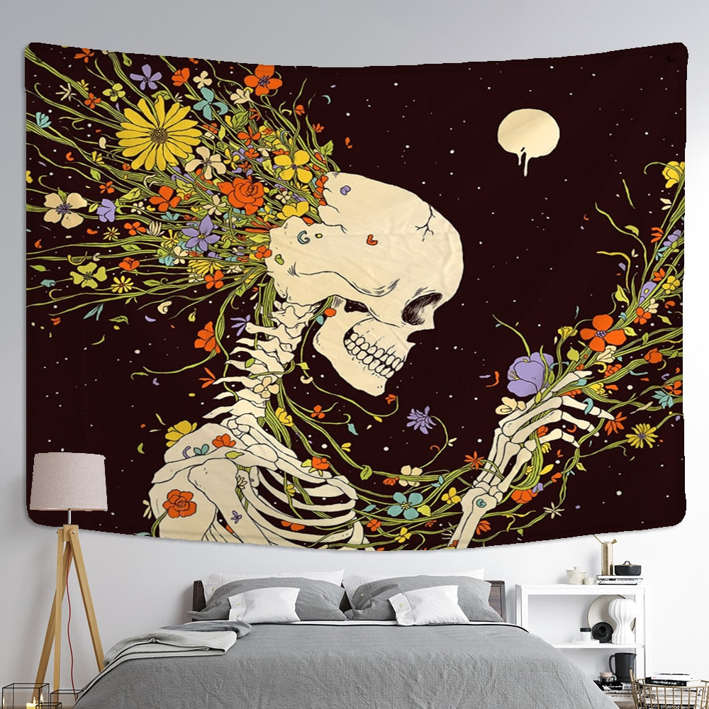 Nordic Style Skull Astronaut Tapestry Flowers Rainbow Moon Starry Sky Mandala Carpet Black Skull Witchcraft Wall Hanging Blanket - KiwisLove