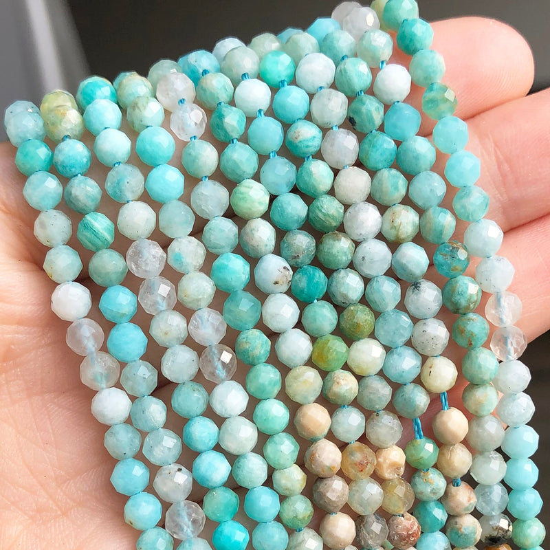 4mm Natural Gem Stone Faceted Blue Amazonite Loose Spacer Beads for Jewelry DIY Making Bracelet Earrings Accessories 15&#39;&#39;Inches